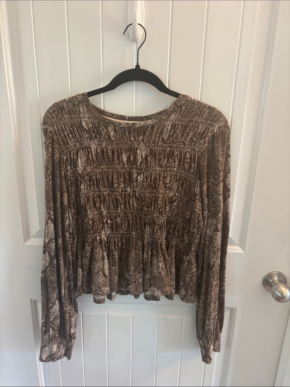 Anthropologie Brown Smocked Peplum Long-Sleeve Blouse
